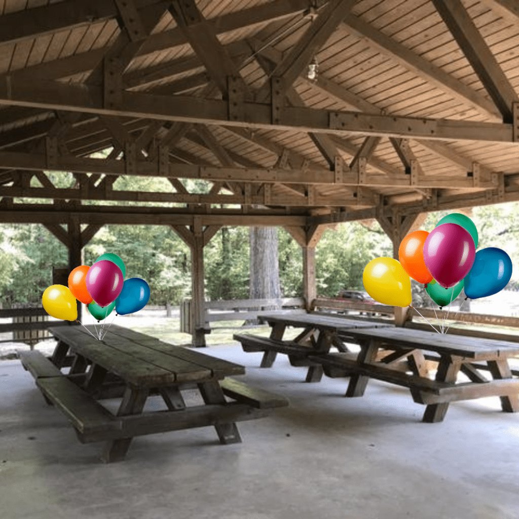 picnic tables with ballons