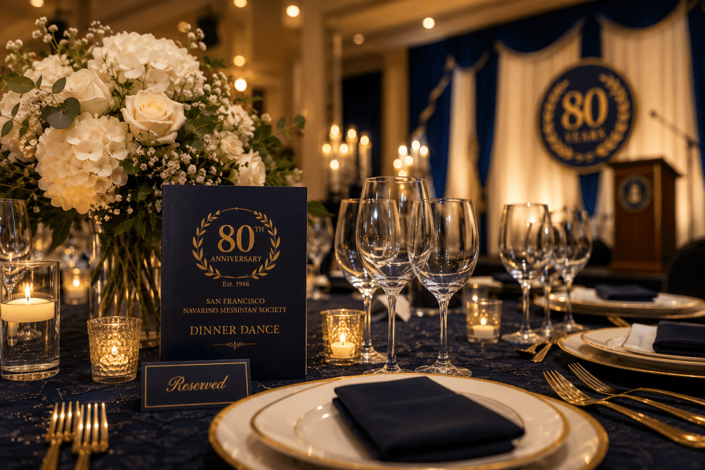 fancy table laid out with china, silver, glassware and florals for 80th anniversary dinner