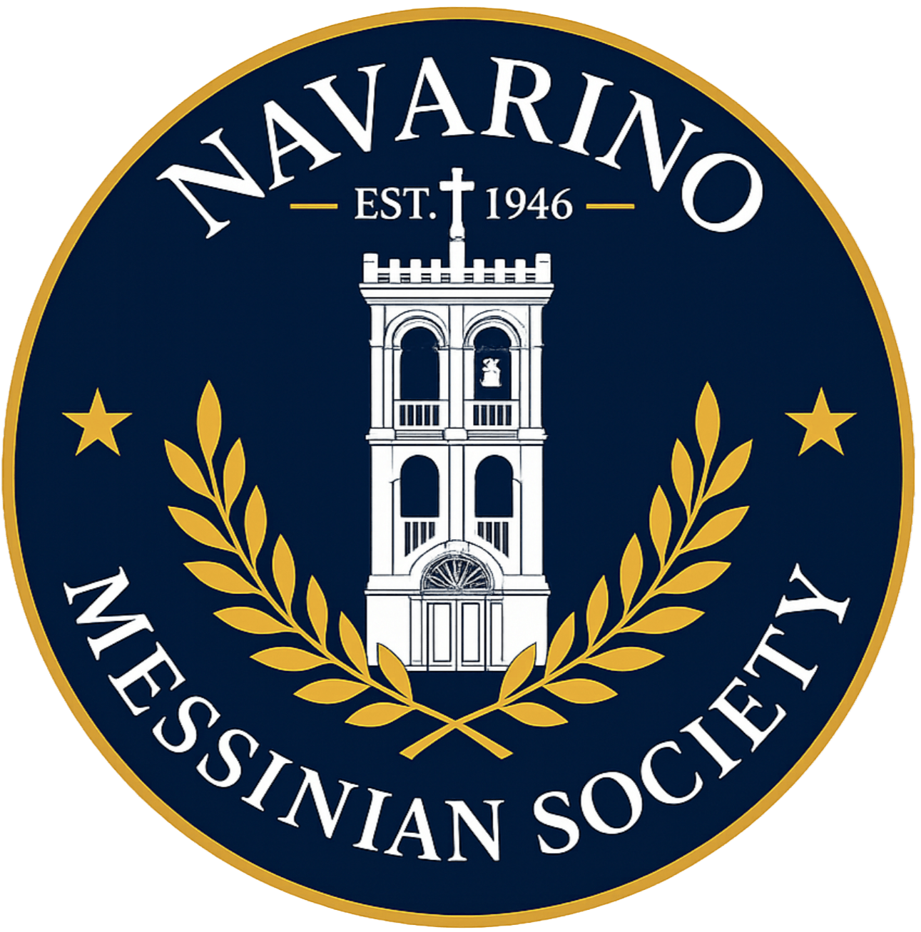 Navarino Messinian Society Seal, est 1946, with two crossed gold laurels and stars and a white tower with a cross in the middle