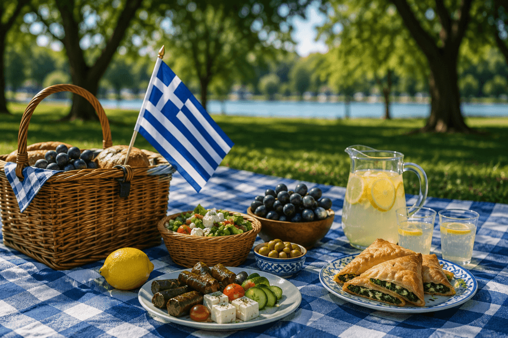 Greek flag in picnic basket on blue and white picnic blanket with plates of Greek food